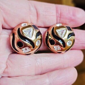 Swarovski Black Enamel Clear Rhinestones Clip Earrings Domed Bold 7/8"